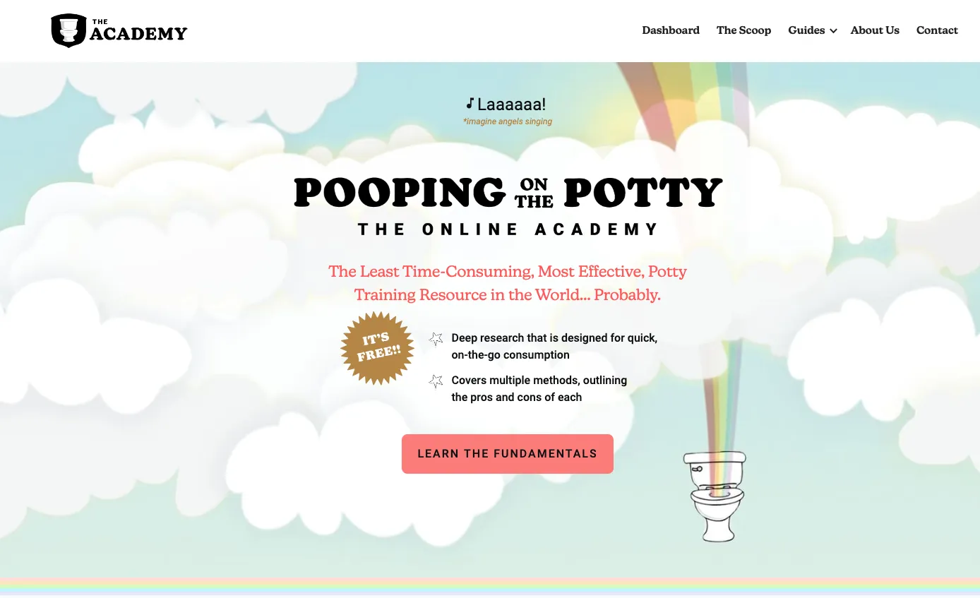 The Pooping on the Potty online academy homepage